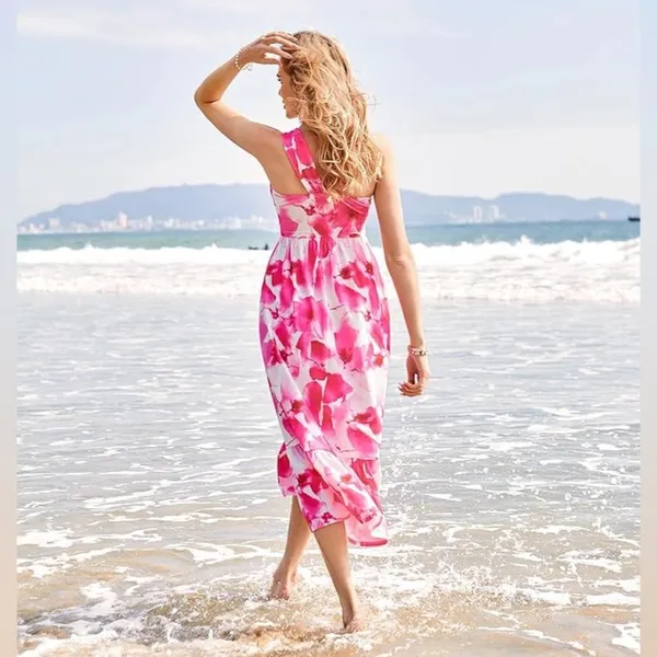 Grace Karin Criss Cross Halterneck Flowy A Line Maxi Dress in‎ Pink Watercolour - Image 2