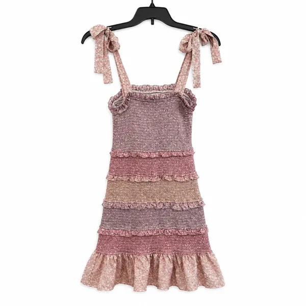 Storia Smocked Ruffle Mini Dress Bow Coquette Cottagecore Fairy S Pink Purple - Image 3