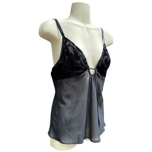 Victoria's Secret Black Cami Bra Babydoll Top M Devore Velvet Chiffon Whimsigoth Dark Fairy - Image 5