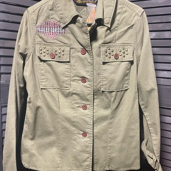 Harley‎ Davidson Studded Military Style Jacket Olive Green Womens Size S - Image 3