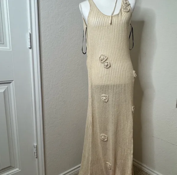 Revolve Cream Tan Maxi Crochet Open Knit Back Backless Cover Up Maxi Boho Beach Dress - Image 4