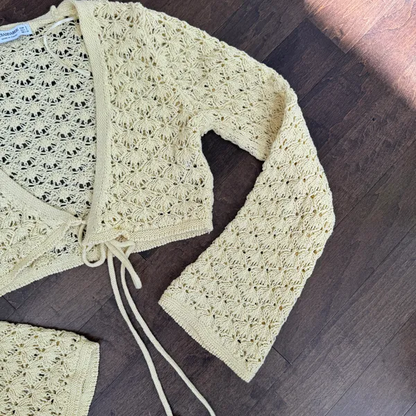 Stradivarius open crochet knit bolero bell long sleeve coverup top - Image 3