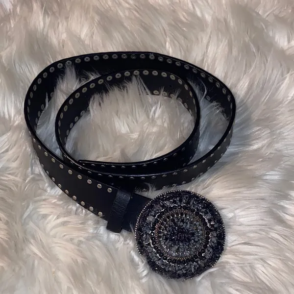 Black Studded Leather Belt with Decorative Round Buckle - Image 5