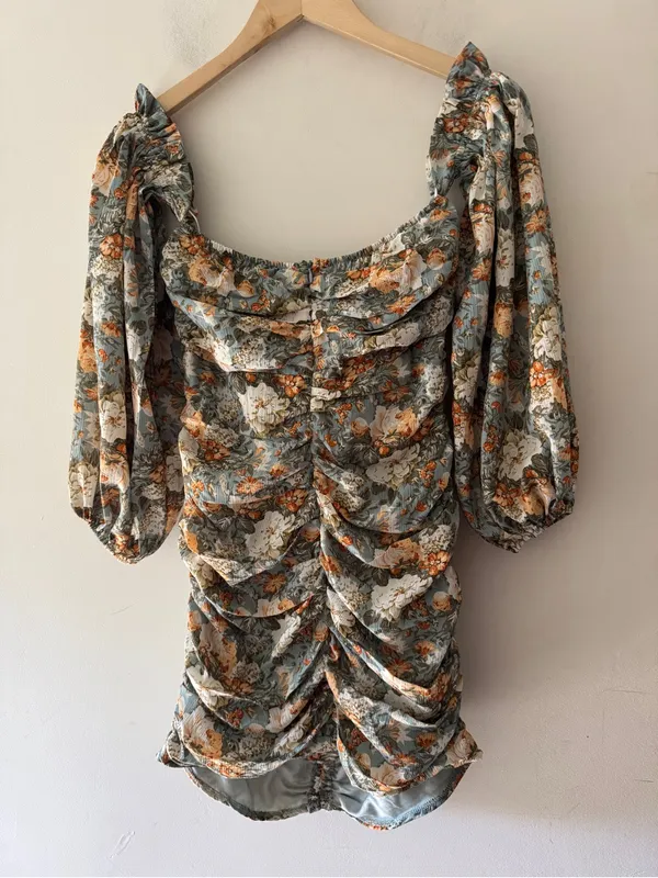 Hello Molly NEW! Basque Country Dress Sage Floral Ruched Mini Dress - Image 8