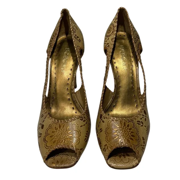 BCBGIRLS Tan Leather Pumps Glam Laser Cut Floral Peep Toe 6 - Image 2