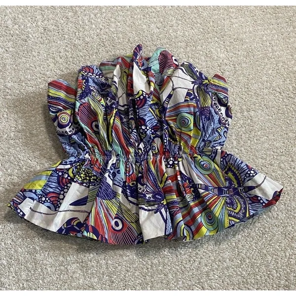 Anthropologie Strapless Smocked Ruffle Blouse Multicolor Cotton Abstract XS - Image 2
