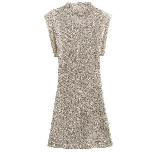 NWOT Champagne Glitter Sequin Mock Neck‎ Bodycon Mini Dress Small - Image 3