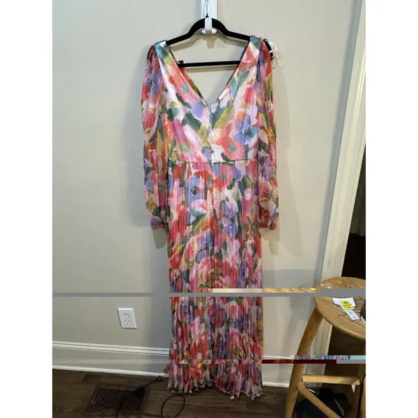 Betsy And Adam Women Watercolor Floral V-Neck Long-Sleeve Dress Pleated Size 10 - Image 4
