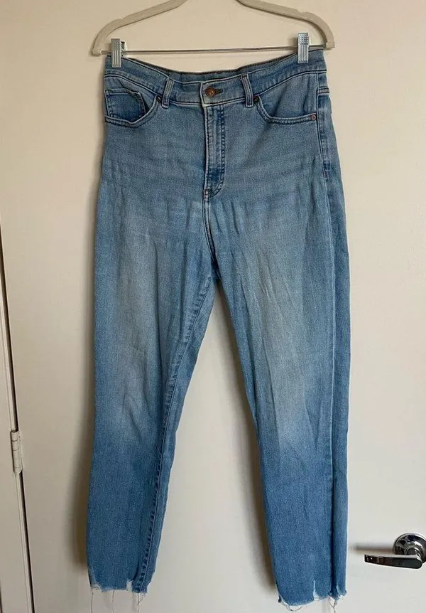 Express Super High Waisted Light Wash Raw Hem Slim Jeans - Image 4