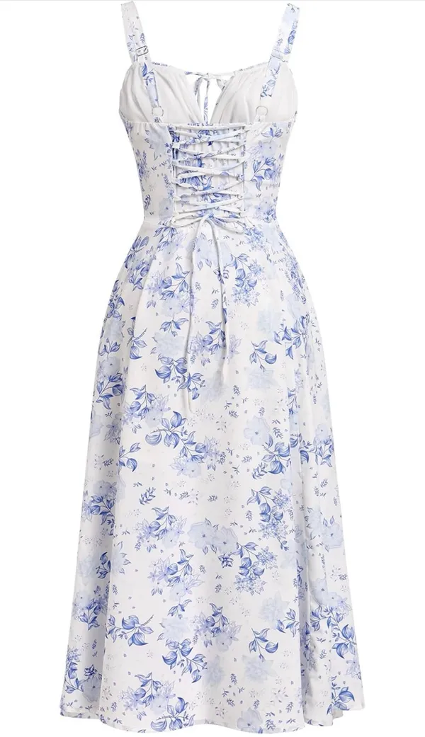 Blue and White Women’s Floral Corset Dress - Image 2