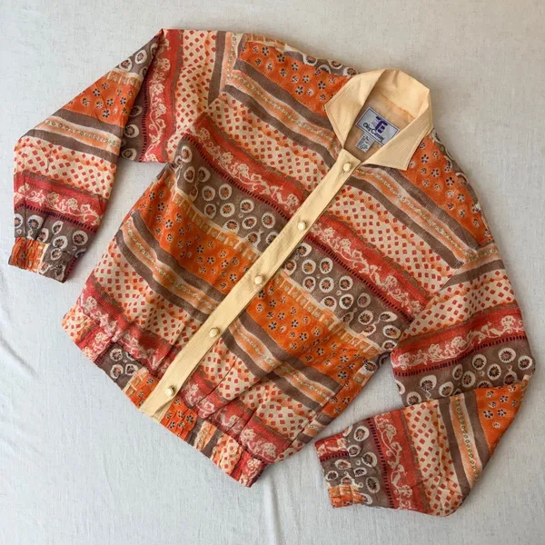Oleg Cassini Vintage Silk Bomber Jacket Orange Geometric‎ Floral Print Small - Image 5