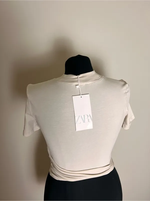 Zara High-Neck Crop Short Sleeve Tee - Cream White NWT - Image 4