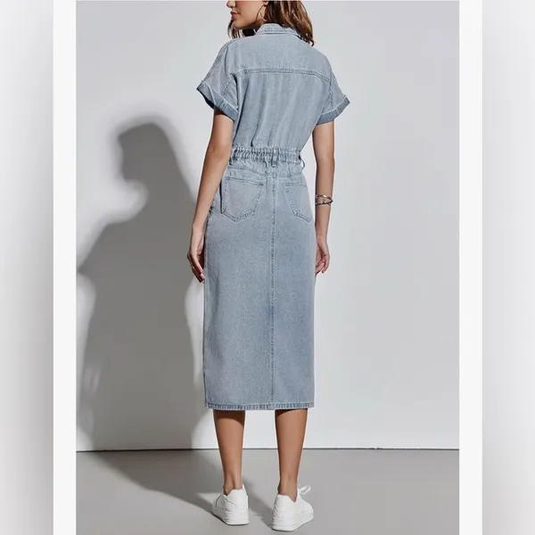 NEW Short Sleeve Denim Midi Dress Stretch Button Jean 2X - Image 2