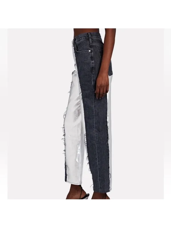 NWT FRAME Pieced Metallic Silver Black Straight Leg Jeans Size 26 Retail $448 - Image 3