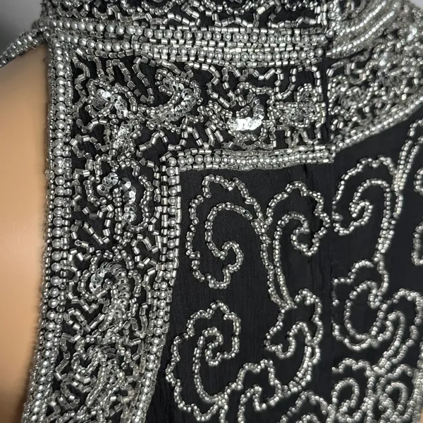 Vintage 1980s Papell Boutique Black Silver Beaded Silk Evening Top Small - Image 12