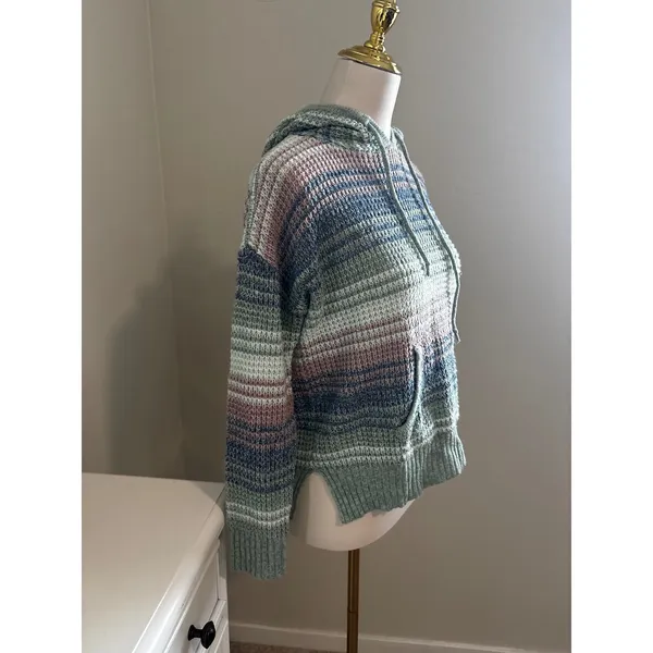Full Circle Trends Womens‎ Waffle Knit Striped Hoodie Sweater Blue Pink Green M - Image 2
