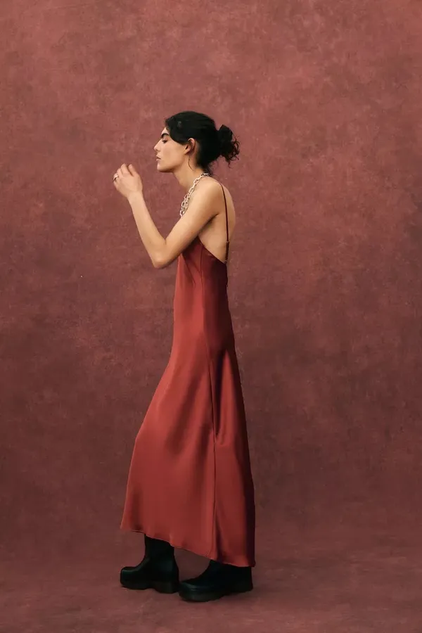 Zara maxi dress cognac rust satin slip midi casual summer - Image 3