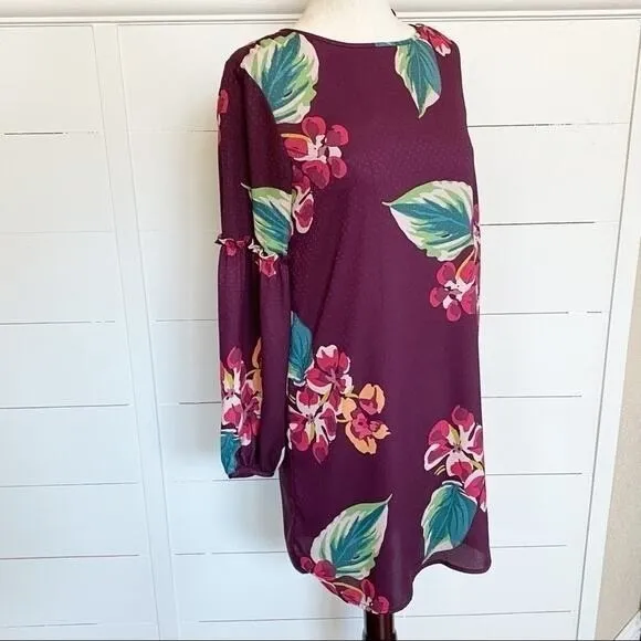 LOFT Womens Plum Purple Tropical Floral‎ Puff Sleeve Shift Dress XSP Petites - Image 3