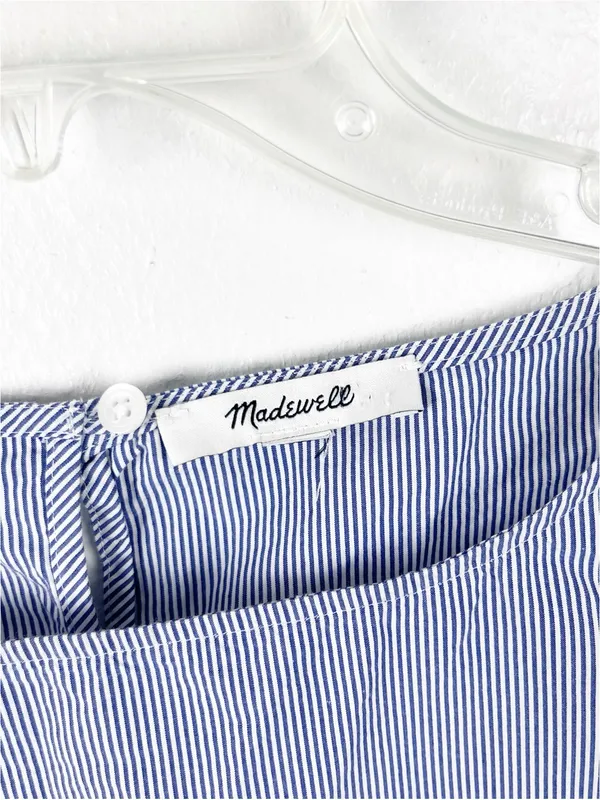 MADEWELL Blue White Striped 100% Cotton 3/4 Bell Sleeves Poplin Top Size Medium - Image 3