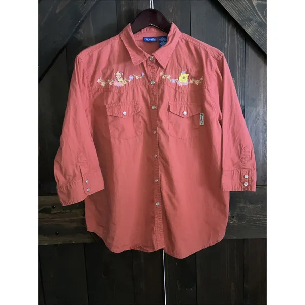 Vintage Disney Winnie the Pooh Shirt Womens XLarge Red Pearl Snap Button‎ up - Image 3
