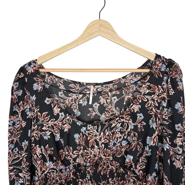 Free People Floral Smocked Crop Top L Square Neck Balloon Sleeve Black Boho - Image 6
