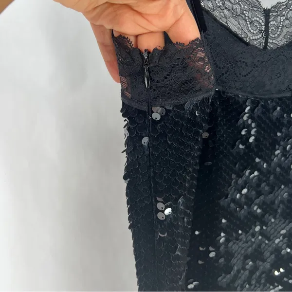 Guess Liu Velvet Sequin Stretch Black Lace Slip Mini Dress NWT‎ Size XS - Image 8