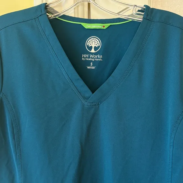 NWOT S Healing Hands Teal V-Neck Scrubs Top matching bottoms in closet - Image 2