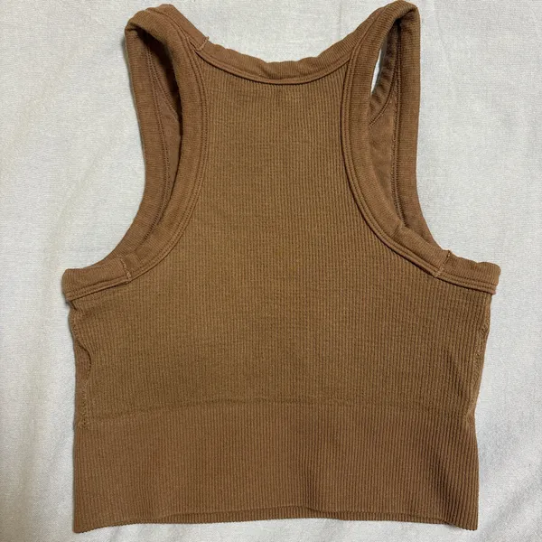 cream yoga brown tank top with built in bra - Image 2