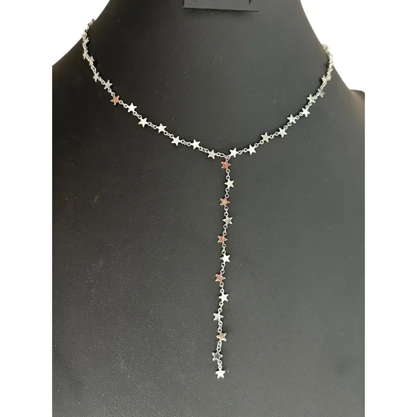 New Silver Tone Delicate Star Necklace Choker Sparkle Y Drop Patriotic Celestial - Image 2