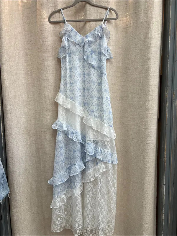 Coquette Printed Lace Mixed Ruffle Maxi Dress Medium - Image 9