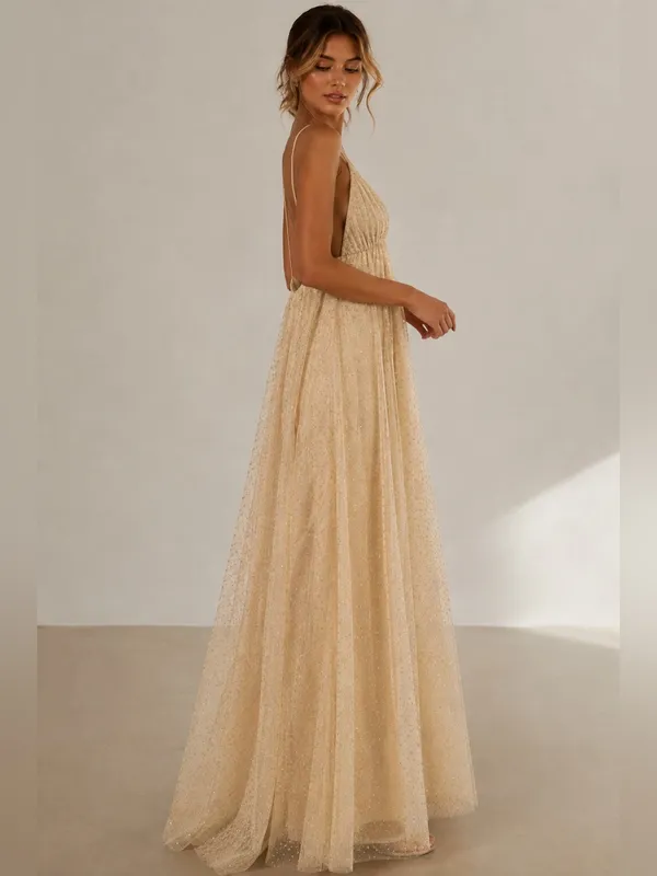 Beginning Boutique NWOT Faeriesty V-Neck Glitter Maxi Dress – Champagne/Gold – L - Image 2