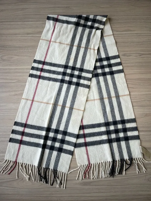 Burberry Cream Plaid Cashmere Scarf with Black and Burgundy Stripes - Image 3