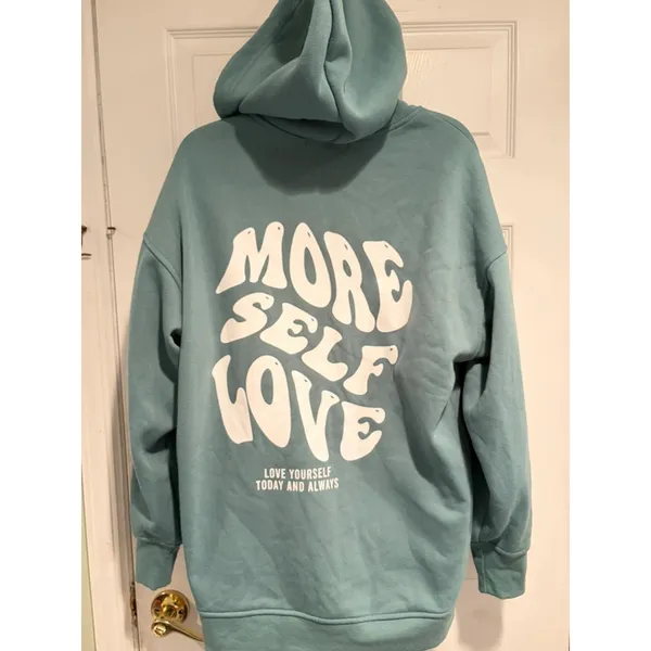 Forever 21 More Self Love Zip Hoodie Women's S Teal Green Fleece Oversized Cozy‎ - Image 4