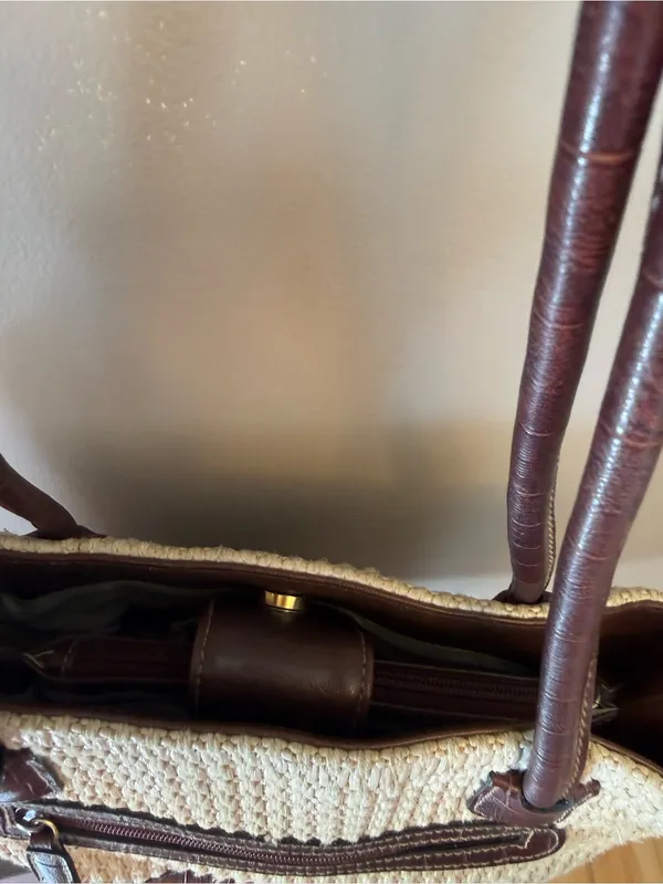 Straw Tote Bag with Brown Leather Trim - Classic Women's Shoulder Bag - Image 4