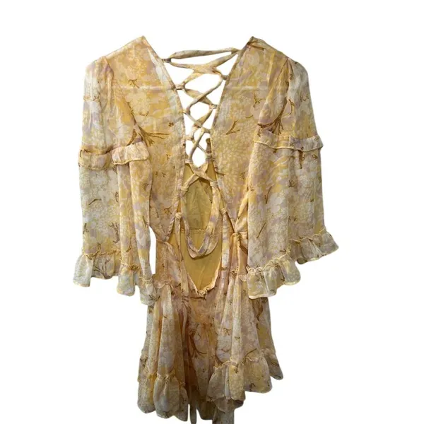 Saints + Secrets Yellow Floral Lace-Up Flare Sleeve Midi Dress Size 6 - Image 2