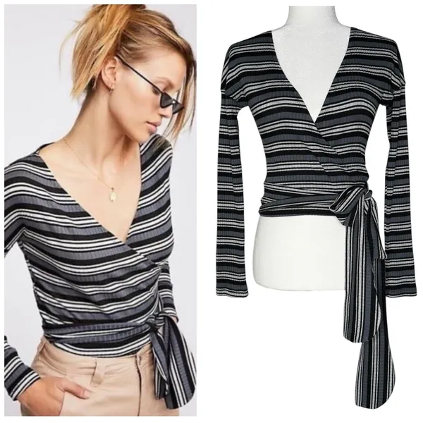 Free People Small Always‎ With Me Striped Faux Wrap Long Sleeve Tee - Image 2