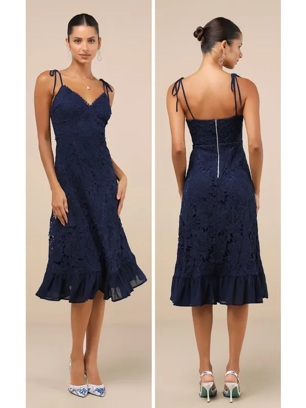 Lulus Compelling Sweetness Navy Blue Lace Tie-Strap Midi Dress Size Small Formal - Image 2