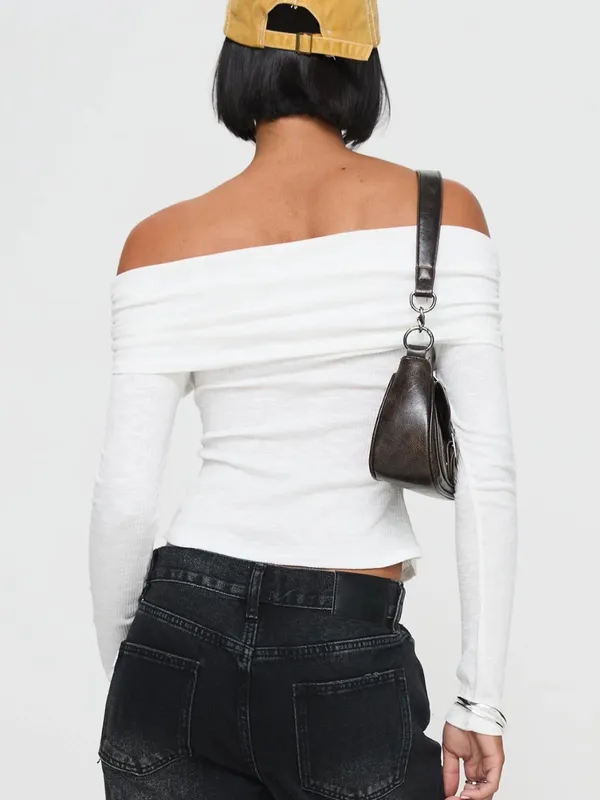 Princess Polly Victorea Off The Shoulder Long Sleeve White Top M - Image 3