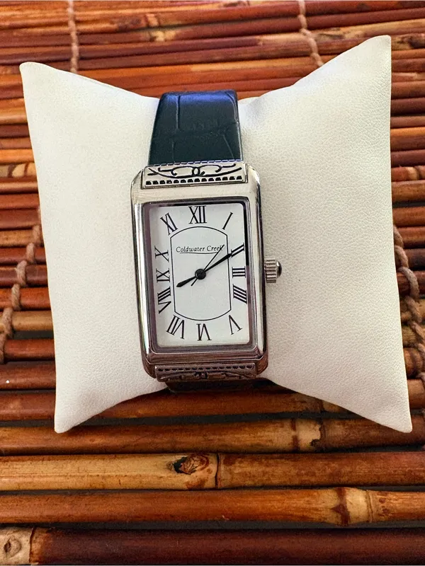 Coldwater Creek Silver Rectangular Watch with Black Strap Needs Battery - Image 2
