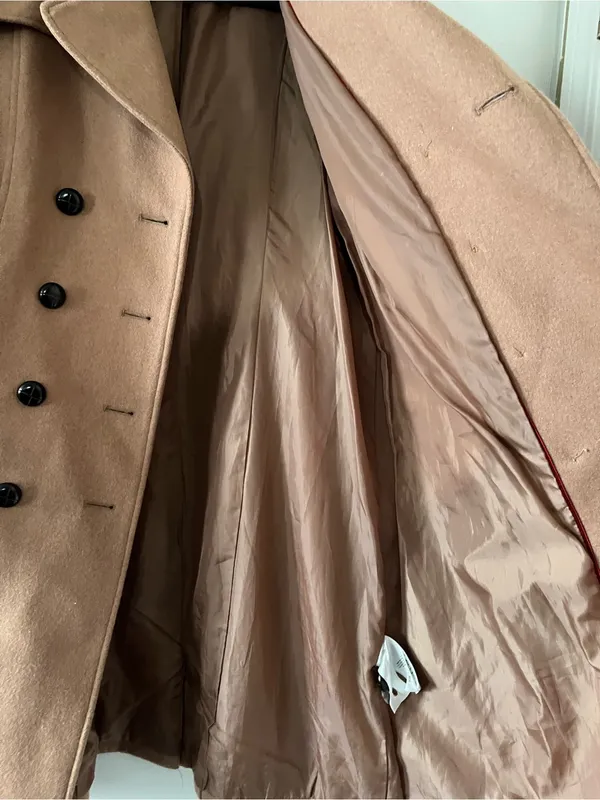 H&M Double Breasted Tan Camel Wool Belted Trench Coat 10 Quiet Luxury Preppy - Image 6