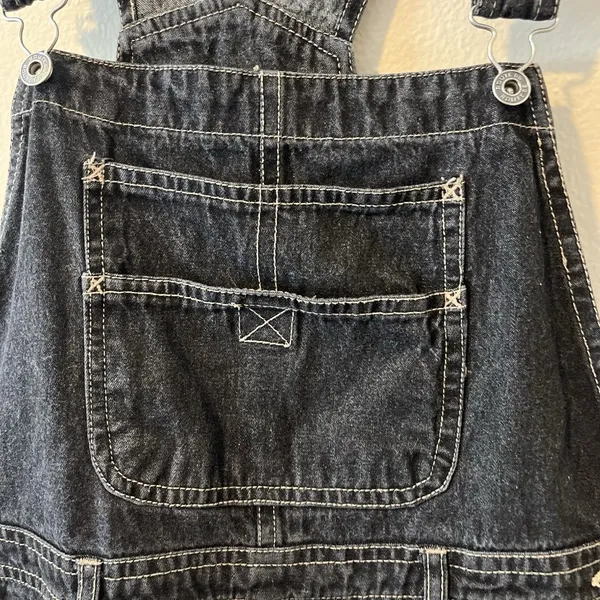 Route 66 Vtg Denim Overall Shorts Black Grey Embroidered Y2K Kid Core Grunge‎ Goth 90s - Image 2