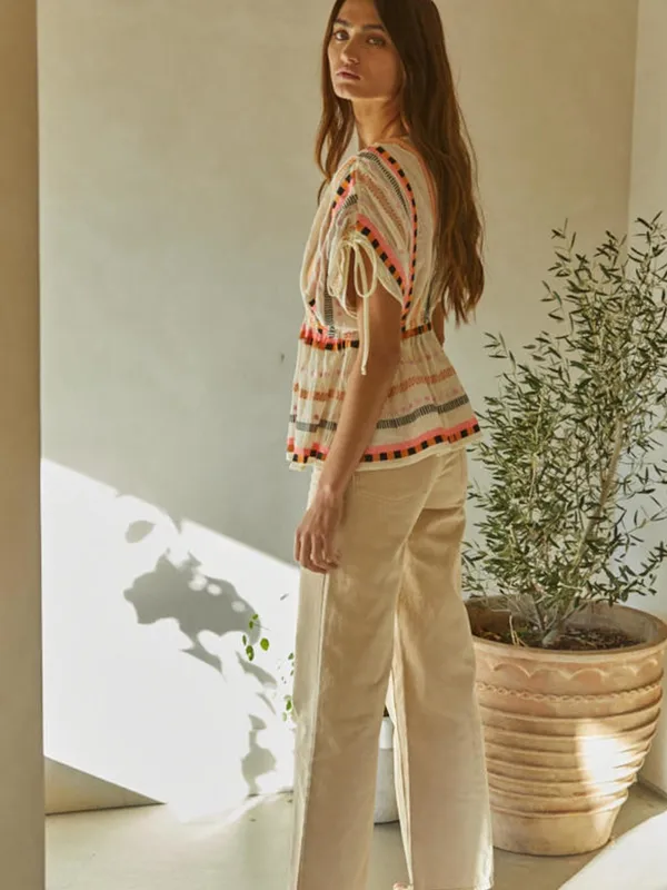 By Together Embroidered Boho Peplum Blouse Large Deep V Ivory - Image 5
