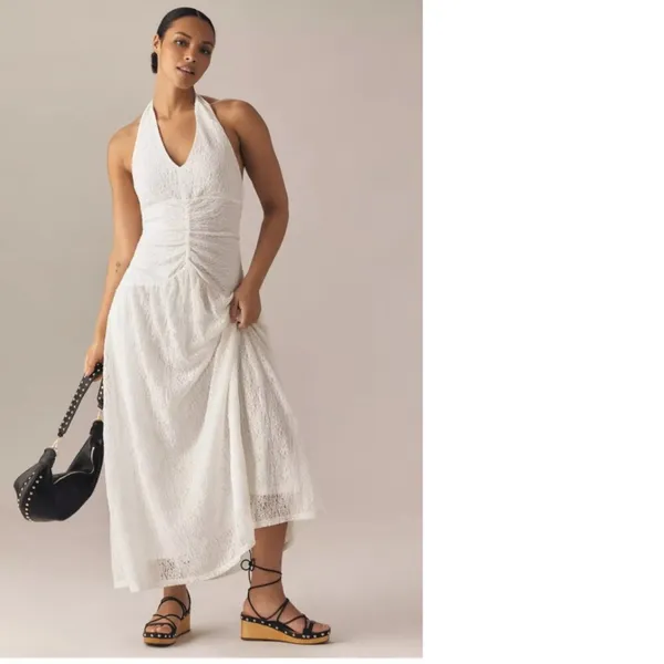 NWT Anthropologie X Flat White Plunge Slim Maxi Dress White Pace Halter Neck 3X - Image 5
