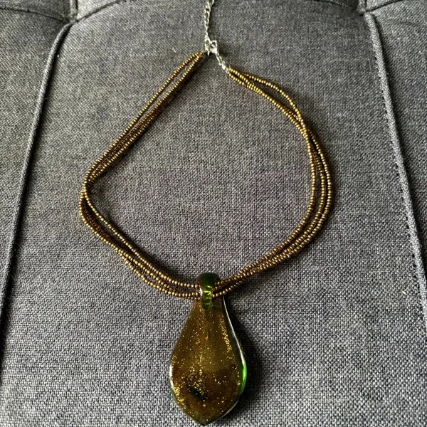 Bronze & Green Drop Pendant Bronze Beaded Fashion Necklace - Costume Jewelry - Image 5