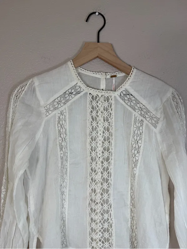 Free People Without You Lace Crochet Panel Ivory Peasant Blouse XS $148 - Image 6