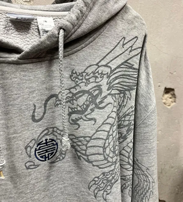 Vintage Y2K Chinese Dragon Grunge Graphic Wraparound Oversized Hoodie XXL 2XL - Image 2