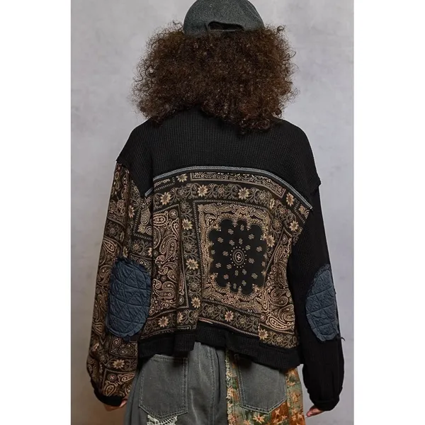 POL Black Bandana Patchwork Waffle Knit Quilted Jacket GKJ37 Womens Medium - Image 3