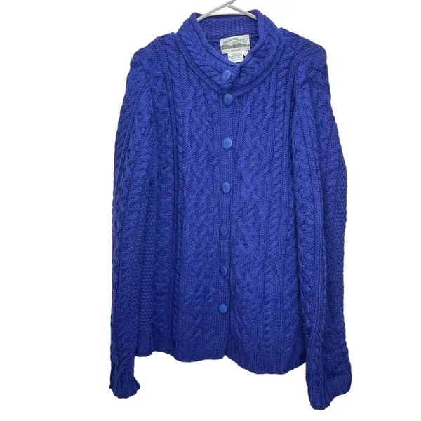 Aran Crafts Blue Merino Wool‎ Button Front Cardigan Sweater Size LARGE - Image 2
