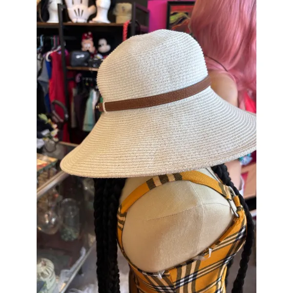 Nine West White Woven Straw Wide Brim Sun Hat with Brown Faux Leather Band Studs - Image 2