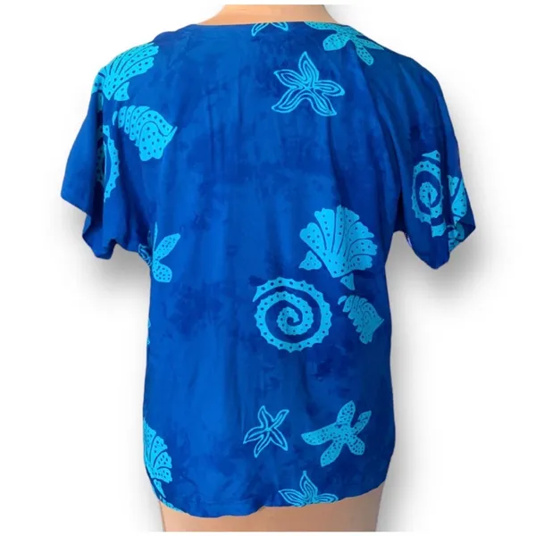 Blue Batik Tropical Shell Starfish Rayon Button Front Top Coastal Nautical Beach - Image 8